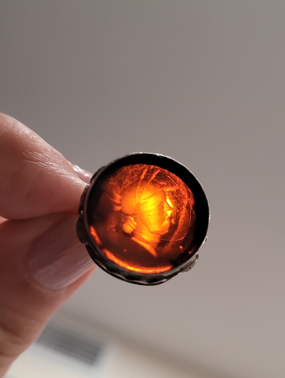 Antique Ring Sterling Silver Rootbeer Glass Cameo